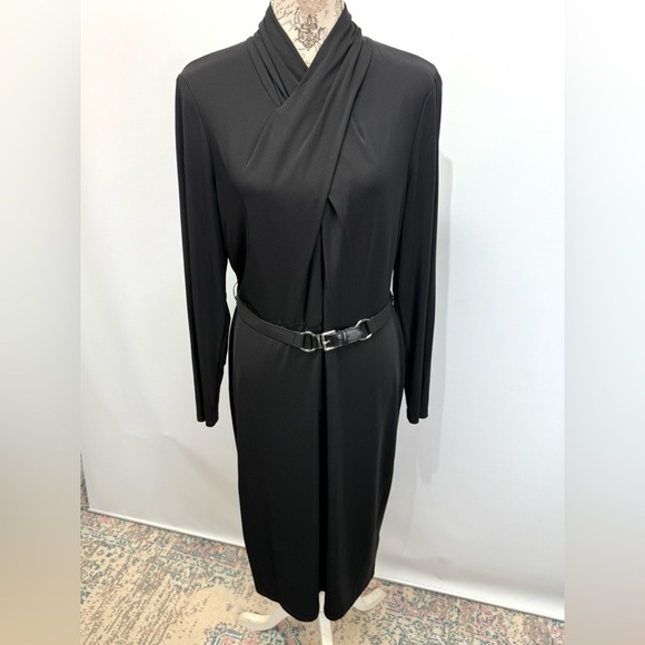 LAUREN RL Black Label Black long sleeve twist neck belted sheath dress size 16 - Picture 9 of 16